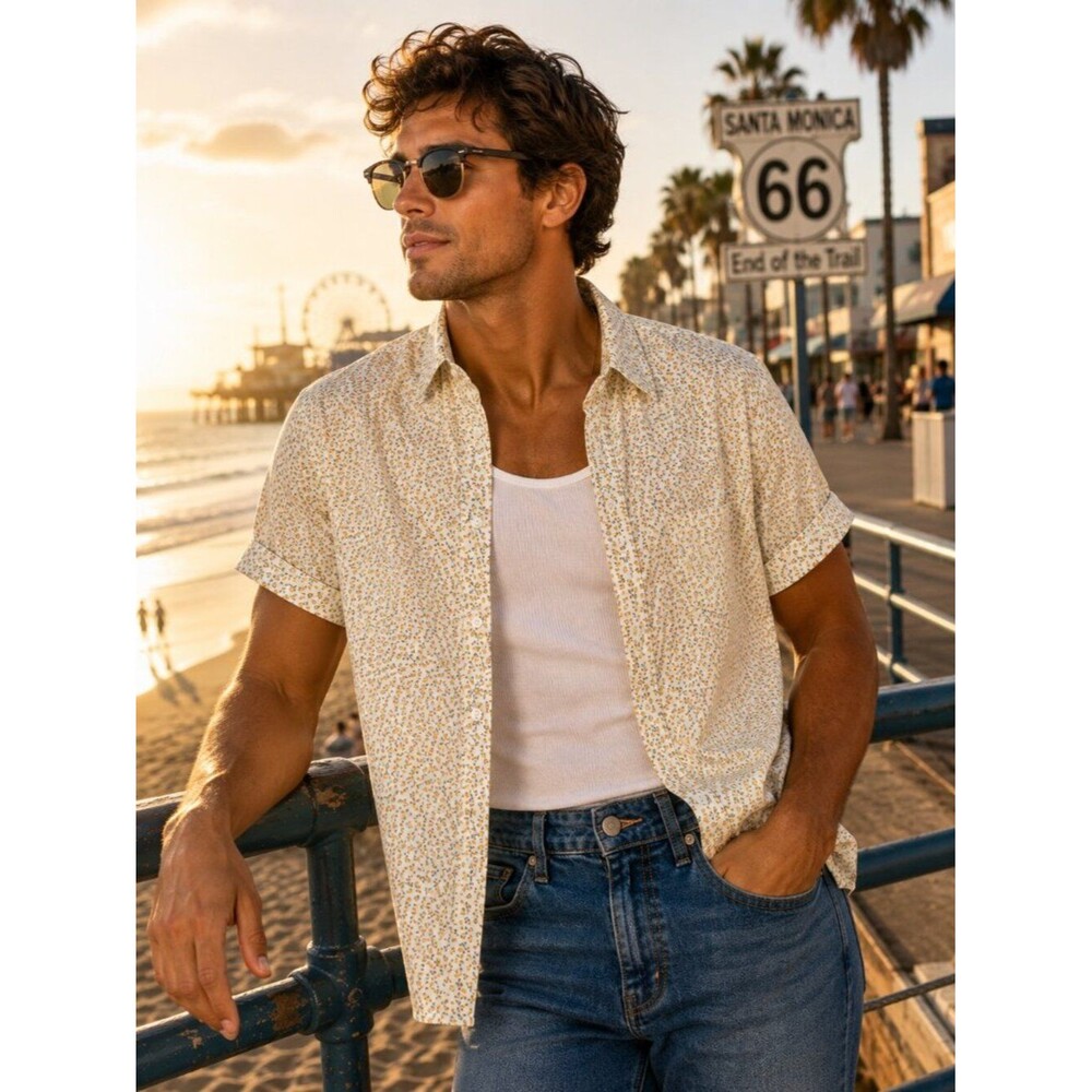 Parke & Ronen Men's Large Floral Button Up Shirt White Yellow Cotton Made USA